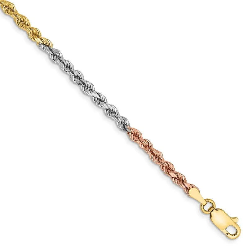 14k Tri-color Gold 2.9mm Diamond-Cut Rope Chain Bracelet, 7"