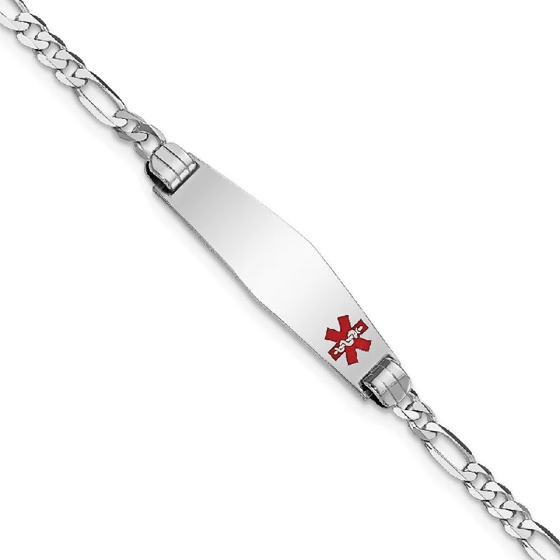 14k White Gold 7.5mm Medical Soft Diamond Shape Red Enamel Figaro Link ID Bracelet, 7"