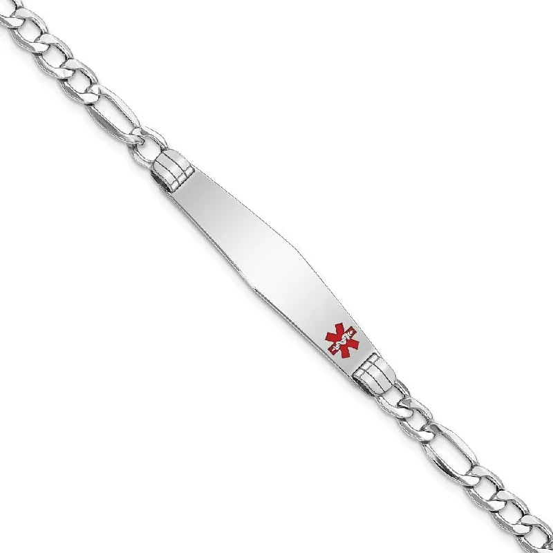 14k White Gold 9mm Semi-Solid Medical Soft Diamond Shape Red Enamel Figaro ID Bracelet, 7"