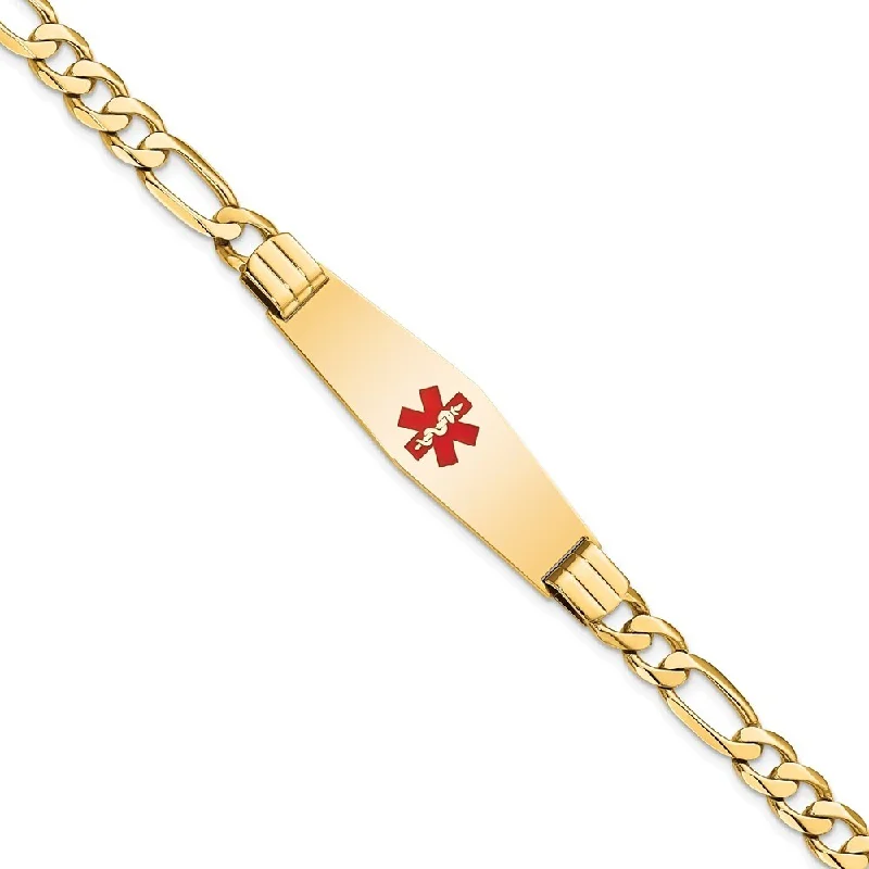 14k Yellow Gold 13.5mm Medical Soft Diamond Shape Red Enamel Flat Figaro Link ID Bracelet, 7"