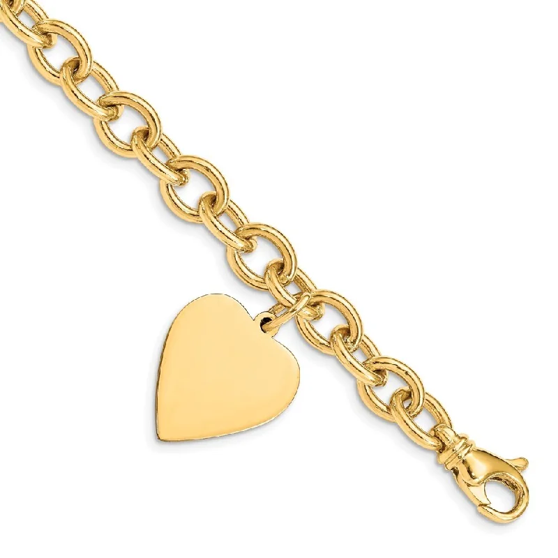 14k Yellow Gold 19mm Link w/Heart Charm Bracelet, 7.5"