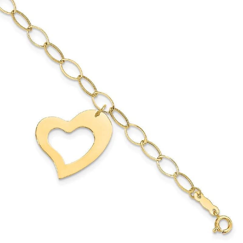 14k Yellow Gold 19mm Yellow Gold Dangle Heart Bracelet, 7.25"