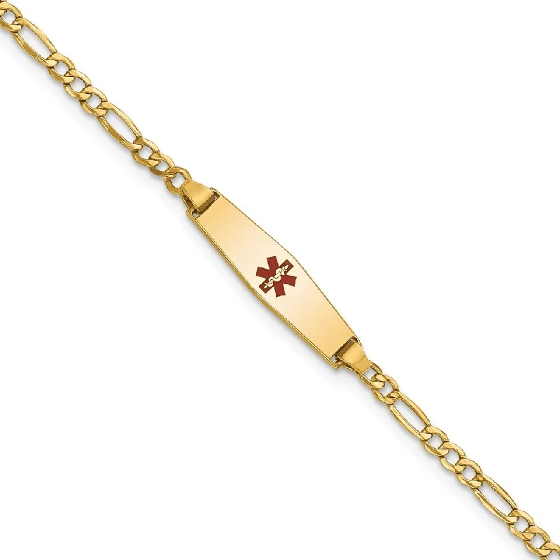 14k Yellow Gold 5.5mm Medical Semi-Solid Soft Diamond Shape Red Enamel Figaro ID Bracelet, 6"