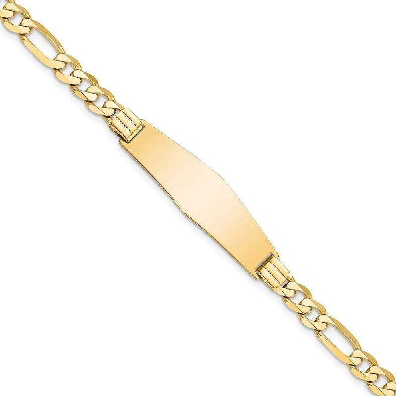 14k Yellow Gold 9mm Flat Figaro Link Soft Diamond Shape ID Bracelet, 7"