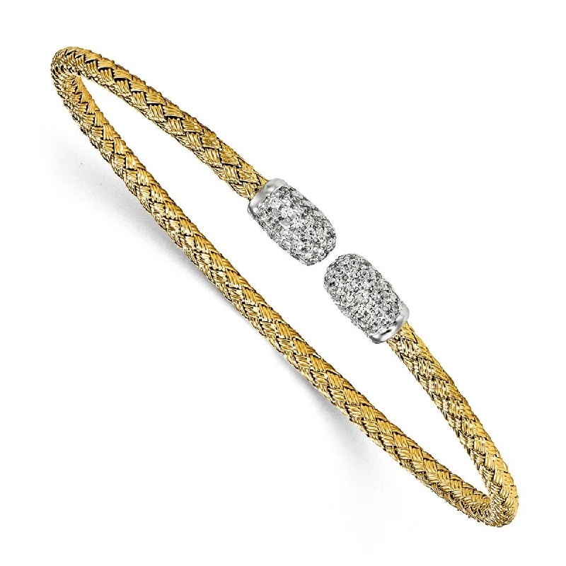 925 Sterling Silver Gold-tone Cubic Zirconia Woven Cuff Bracelet, 6.75"