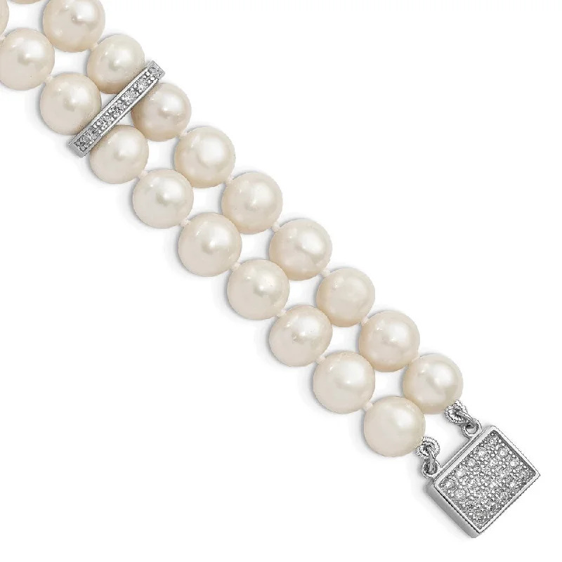 925 Sterling Silver Rhodium 7-8mm White FWC Pearl 2-Strand Cubic Zirconia Fancy Bracelet, 7"