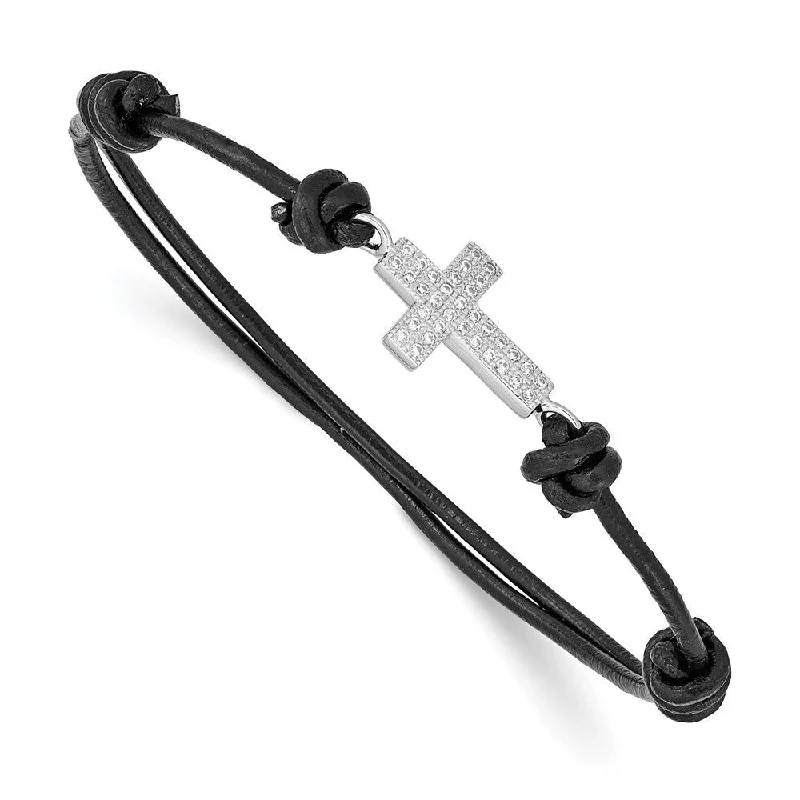 925 Sterling Silver Rhodium-plated Cubic Zirconia Cross Black Leather Adjustable Bracelet