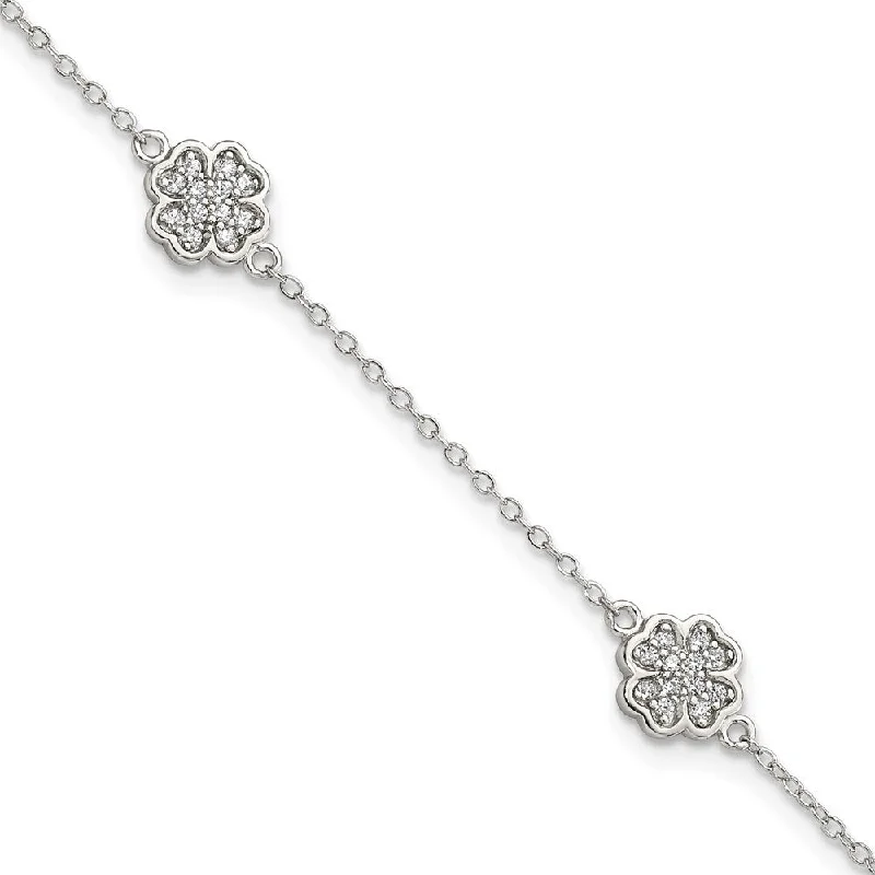 925 Sterling Silver Rhodium-plated Cubic Zirconia Four Leaf Clover Bracelet, 7"