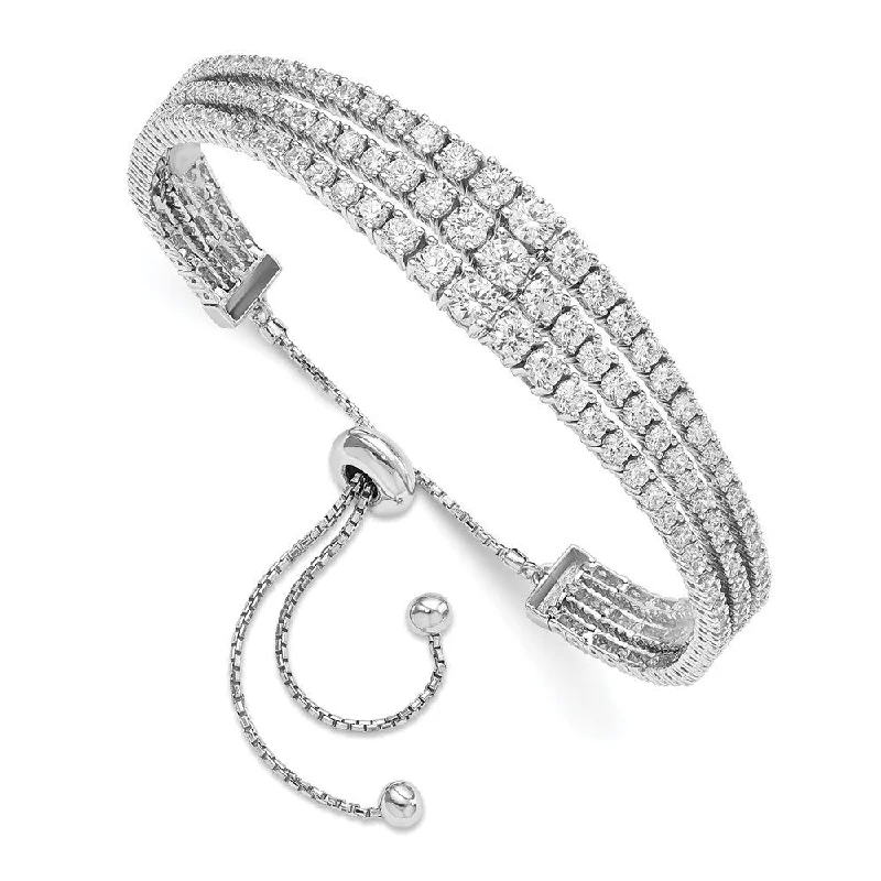 925 Sterling Silver Rhodium-plated Graduated Cubic Zirconia 3 Strand Adjustable Bracelet