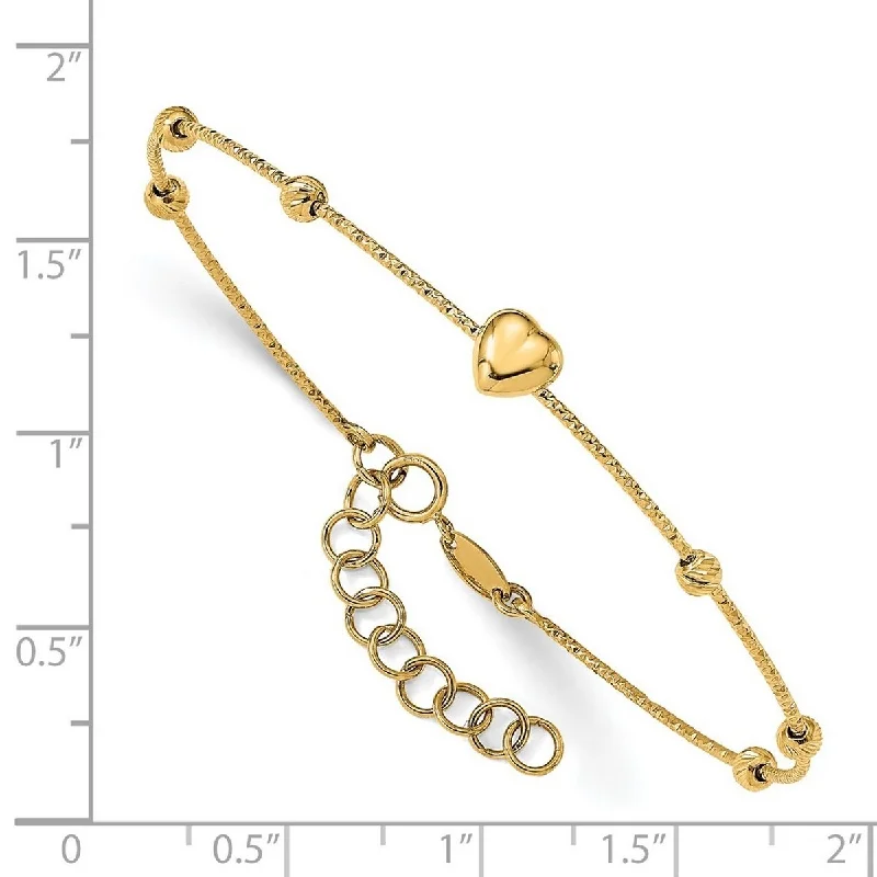 Curata 14k Yellow Gold Sparkle-Cut Beads With Heart Flexible Bangle Bracelet