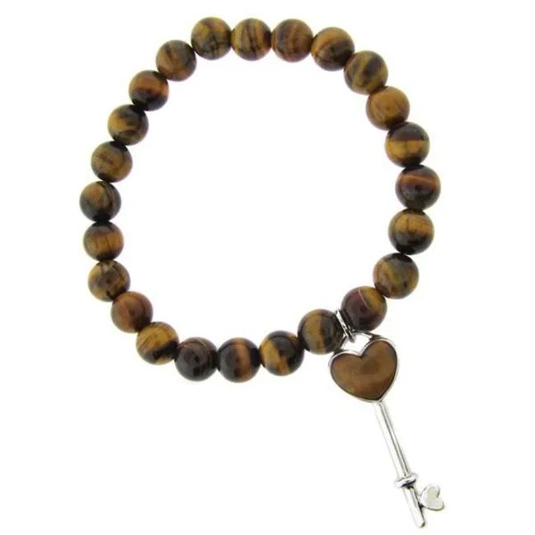 Dolce Giavonna Sterling Silver Tigers Eye Heart Key Charm Stretch Bracelet