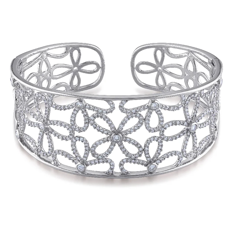 Miadora 14k White Gold 2 2/5ct TDW Diamond Filigree Floral Cuff Bangle Bracelet