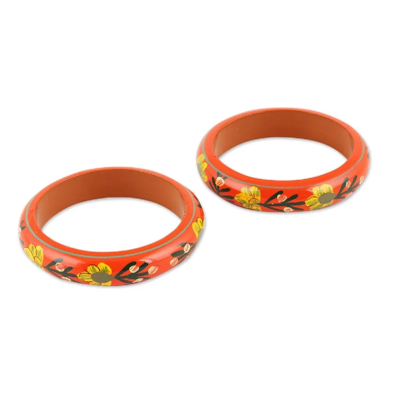 NOVICA Vermilion Garden, Wood bangle bracelets (pair) - 7.75" Inner Circ. x 0.6" W