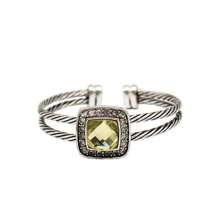 Twisted Cable Cuff Bangle Silver Bracelet With Yellow Austrian Crystal