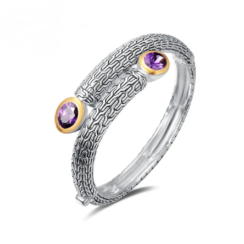 Rhodium Plated Two-Tone Amethyst Hinged Bangle Bracelet