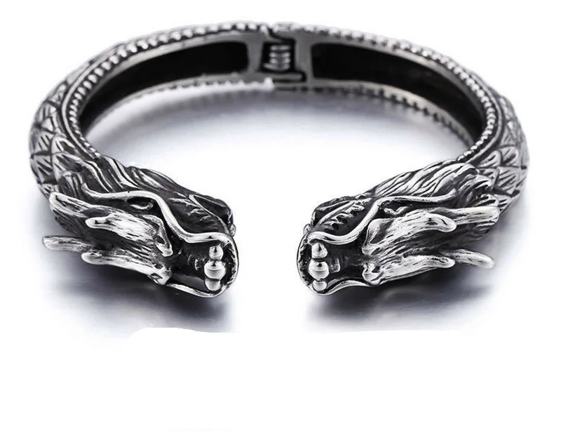 Stainless Steel Double Dragons Hinged Cuff Bangle