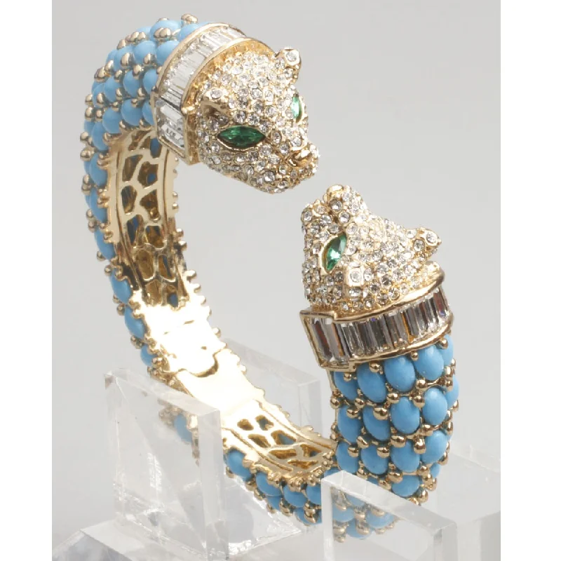 Turquoise and Crystal Panther Hinged Enamel Bangle Luxury Bracelet