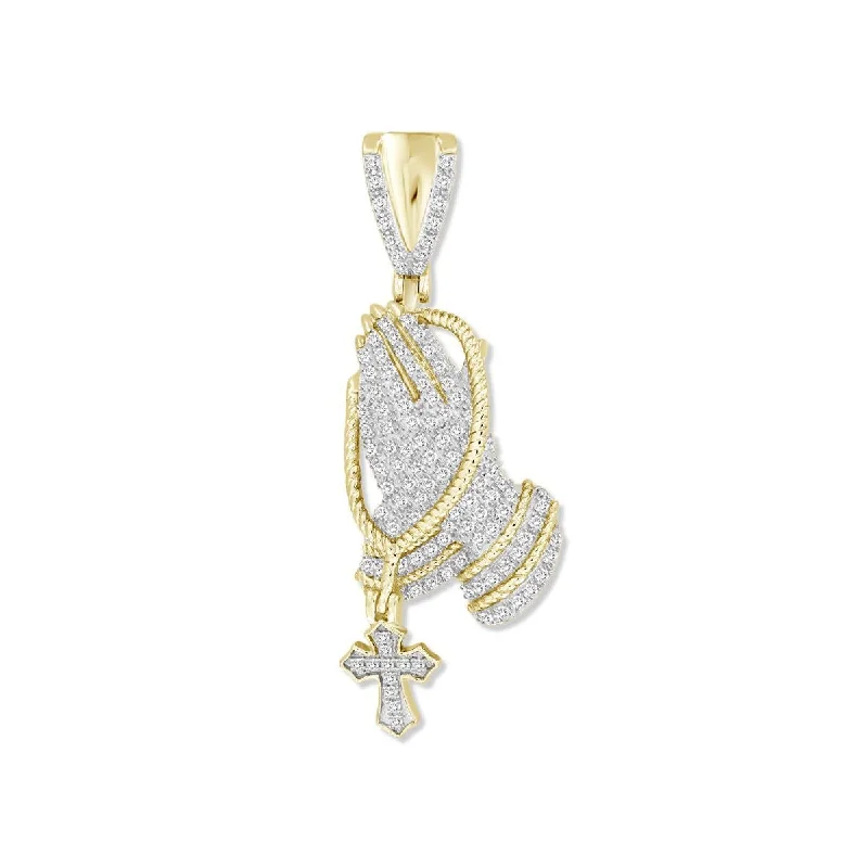 10KT Yellow Gold 1/3 CTW Diamond 39X13MM Praying Hand With Rosary Charm. Chain not Included