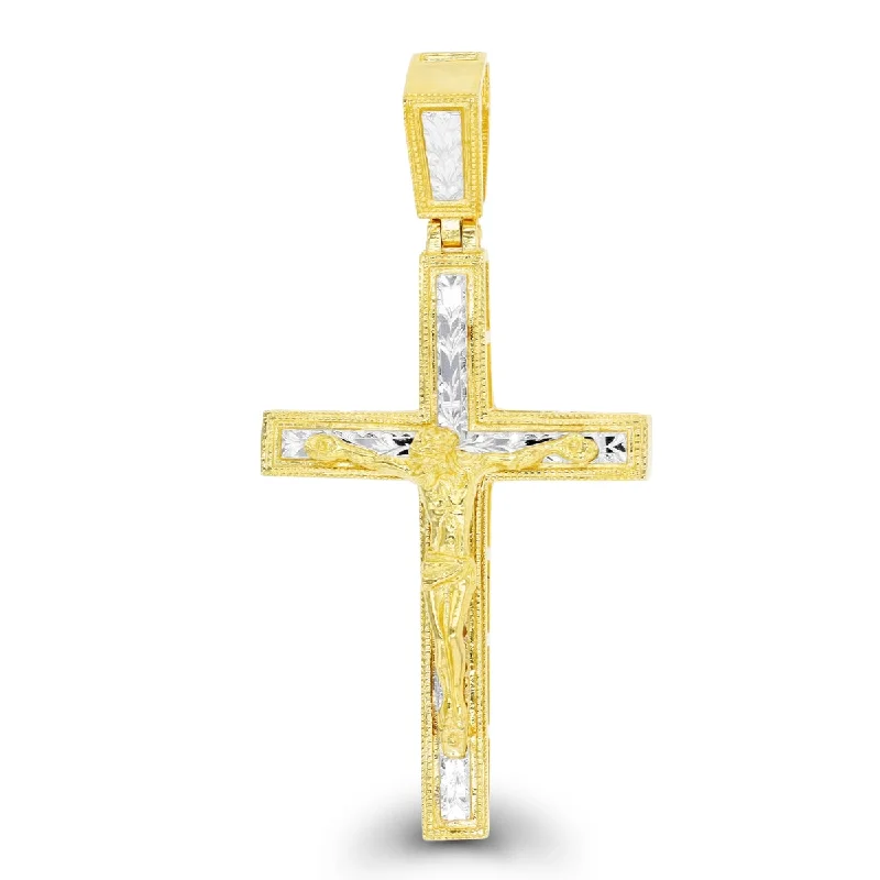 10KT Yellow Gold With Rhodium Plating 50X25MM Crucifix Cross Pendant. Chain Not Included