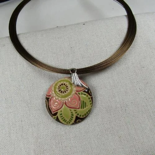 Handmade Pink Flower Pendant Necklace on Multi-strand Necklace