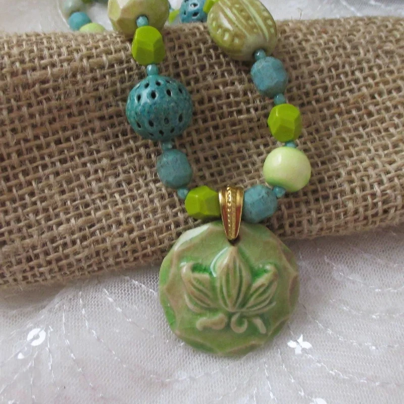 Handmade Artisan Pendant Necklace in Celery and Teal Beads