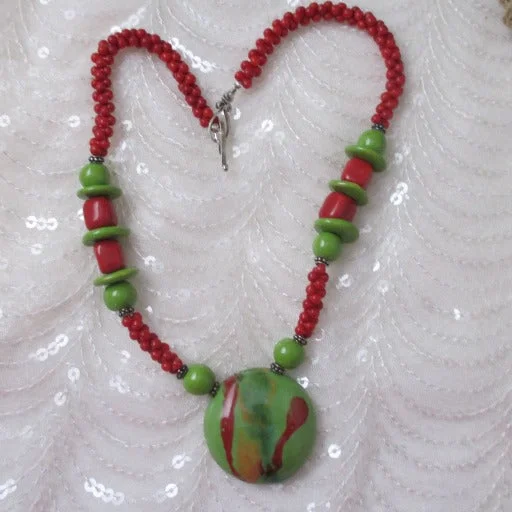 Red & Green Handmade Kazuri Bead Pendant Necklace