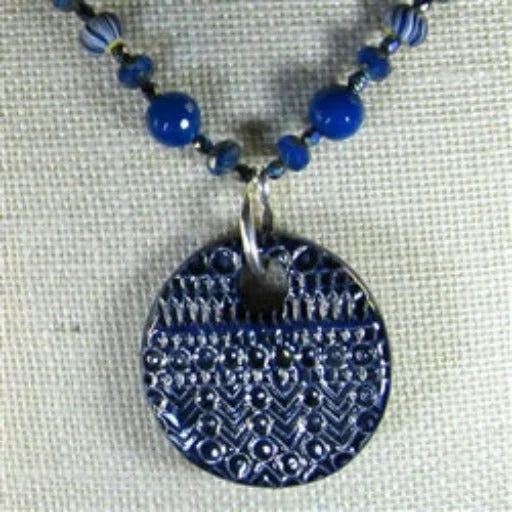 Blue Swazi Pendant Necklace with Handmade Polymer Clay Accents.