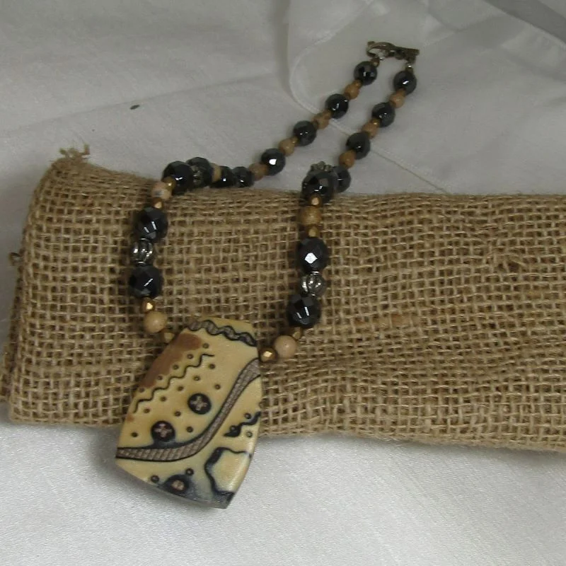 Black & Beige Pendant Necklace with Handmade Artisan Pendant