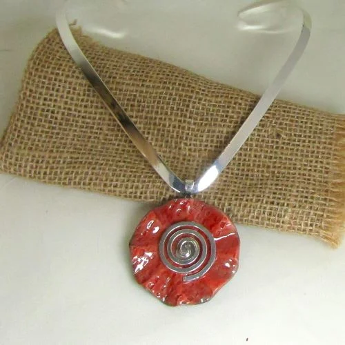 Silver Choker with Handmade Big Red Raku Pendant & Spiral Bail