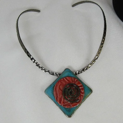 Handmade Coral & Turquoise Raku Glazed Pendant on Gunmetal Choker