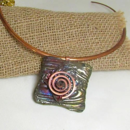 Choker Handmade Dark Green Raku Pendant Copper Neck Wire