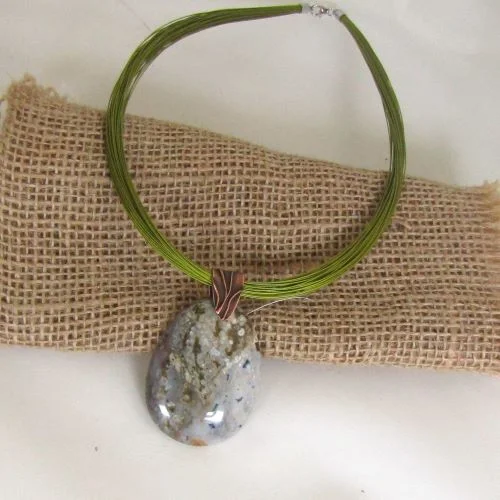 Jasper Ocean Gemstone Pendant on Green Mult-strand Necklace