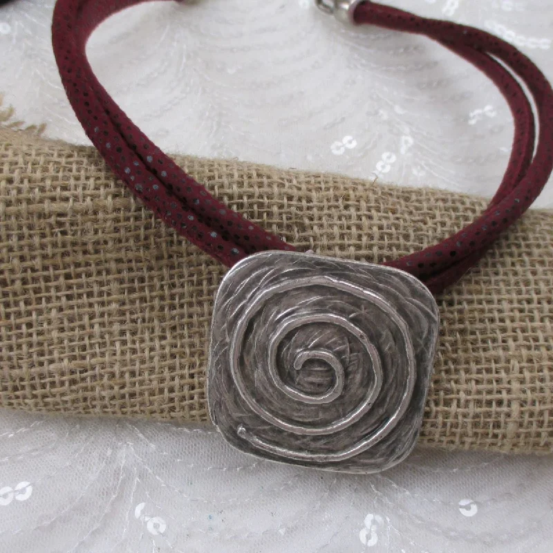 Big Silver Pendant on Maroon Cotton Cord Necklace Statement Pendant