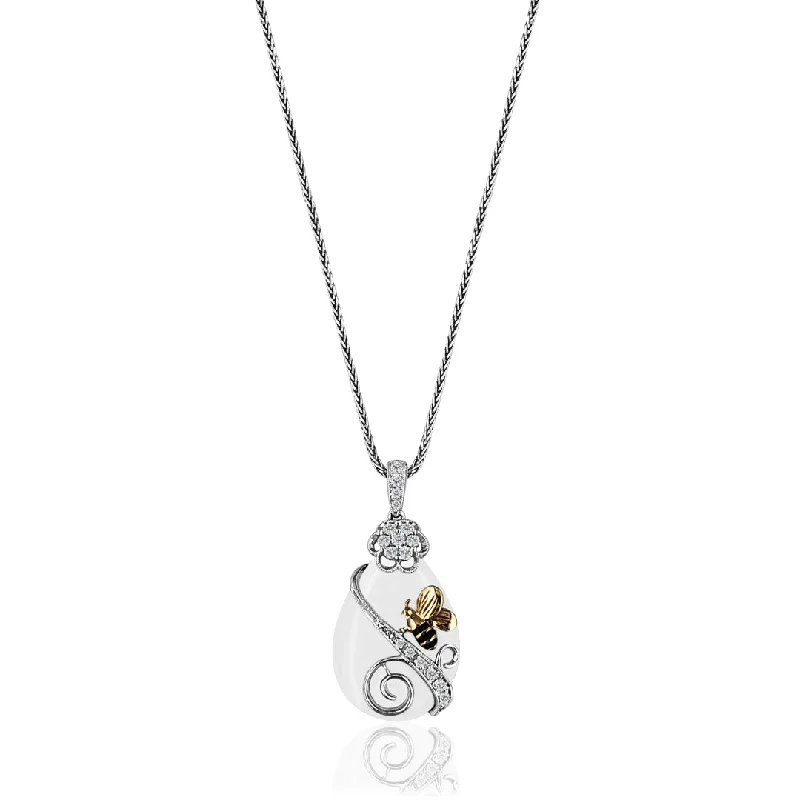 18K Two Tone Bee Pendant Necklace With Diamonds And Black And White Agate