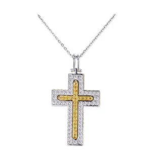 18K White Gold Cross Pendant Necklace With Diamonds And Sapphires