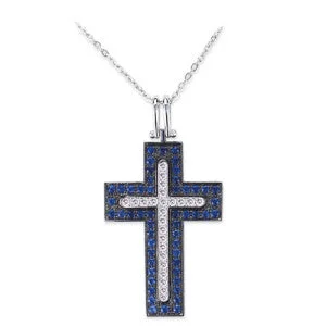 18K White Gold Cross Pendant Necklace With Blue Sapphires And Diamonds