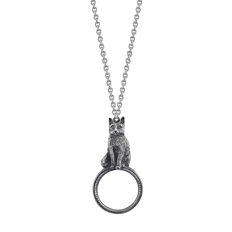 1928 Jewelry Antiqued Cat Magnifying Glass Pendant Necklace 30" - Magnification Power: 2-3X