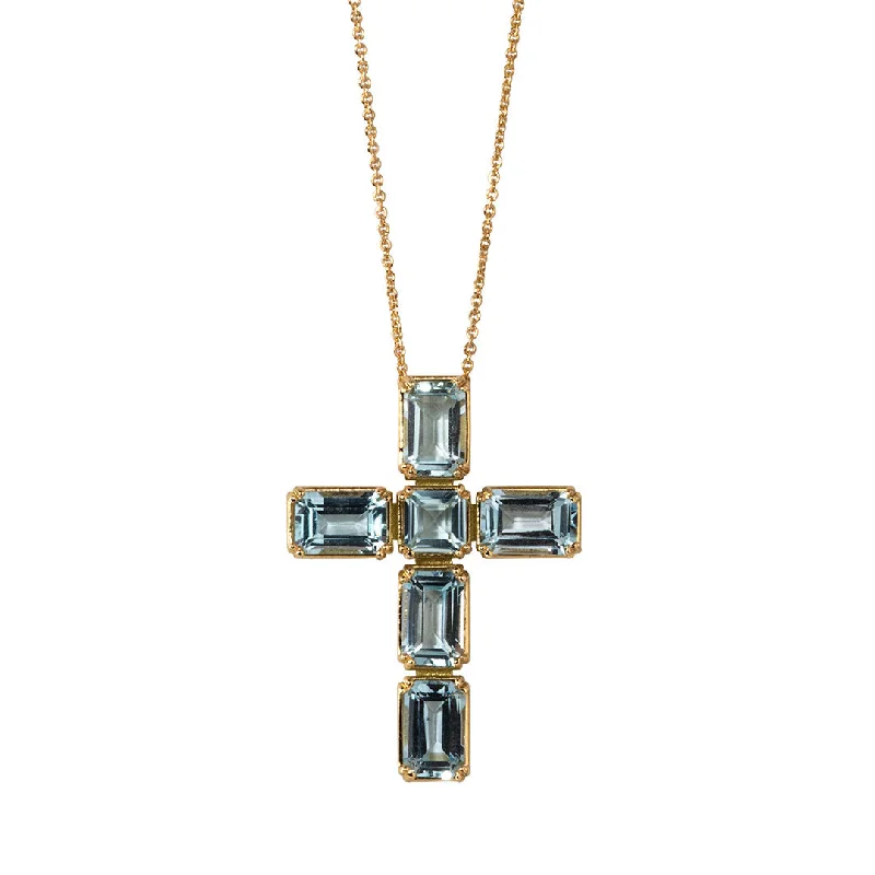 Blue Topaz Cross 18K Gold Pendant Necklace