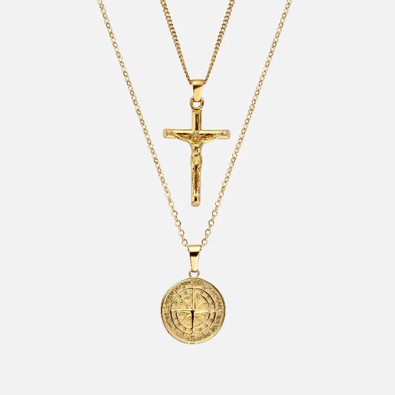 COMPASS & CRUCIFIX PENDANT SET - GOLD