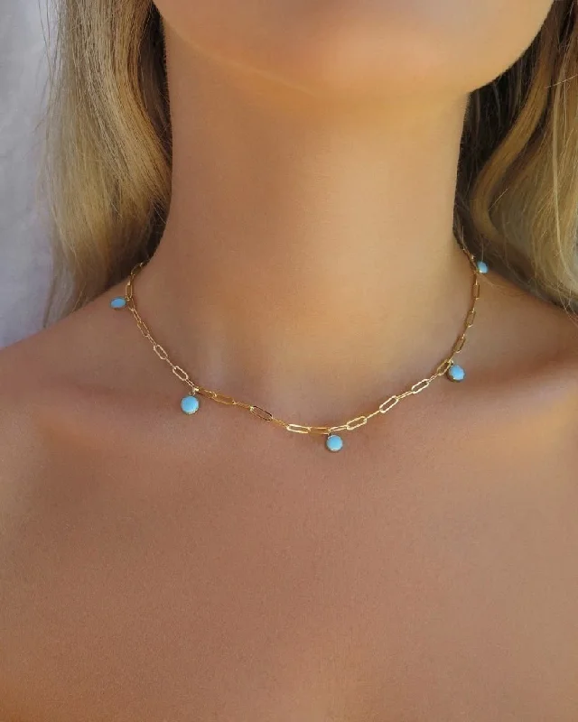 Five Turquoise Thick Drawn Cable Chain Necklace  - 14k Yellow Gold Fill