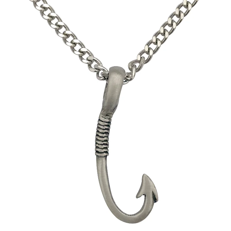 Pewter Fish Hook Fishing Pendant with Extra Large Bail, on Men's Heavy Curb Chain Necklace, 24"