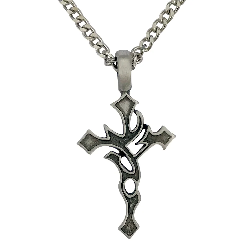 Pewter Gothic Tribal Cross Pendant with Extra Large Bail, on Men's Heavy Curb Chain Necklace, 24"