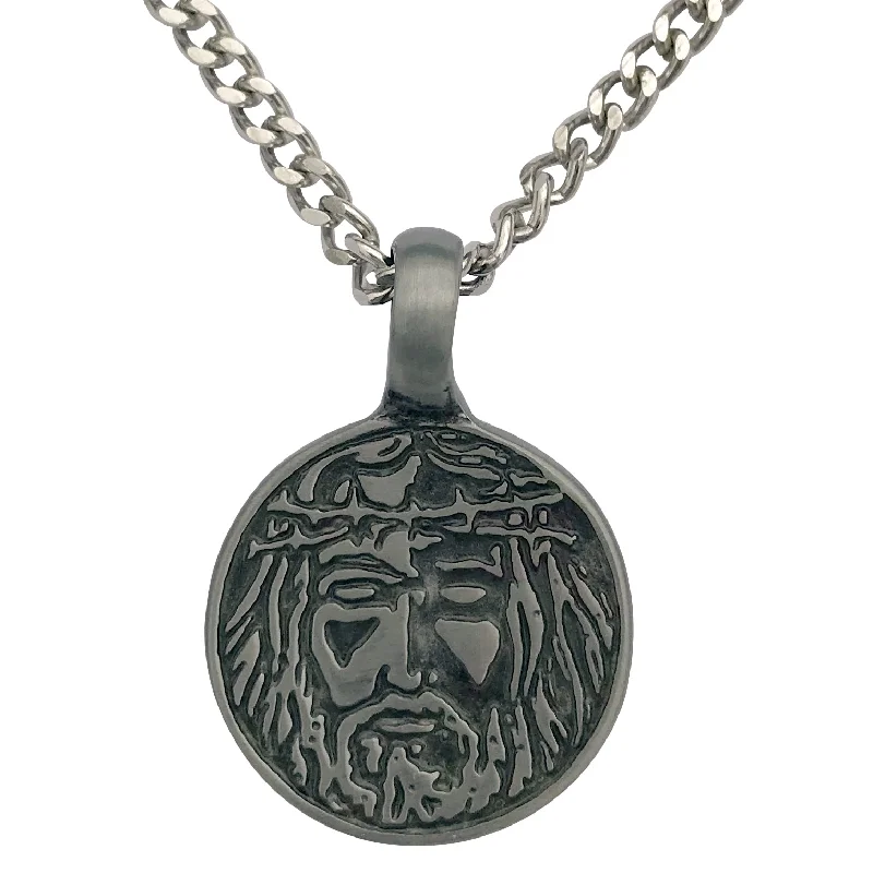 Pewter Jesus Christ Face Pendant with Extra Large Bail, on Men's Heavy Curb Chain Necklace, 24"