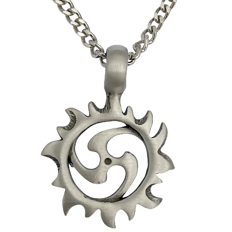 Pewter Tribal Sun Spiral Pendant with Extra Large Bail, on Men's Heavy Curb Chain Necklace, 24"