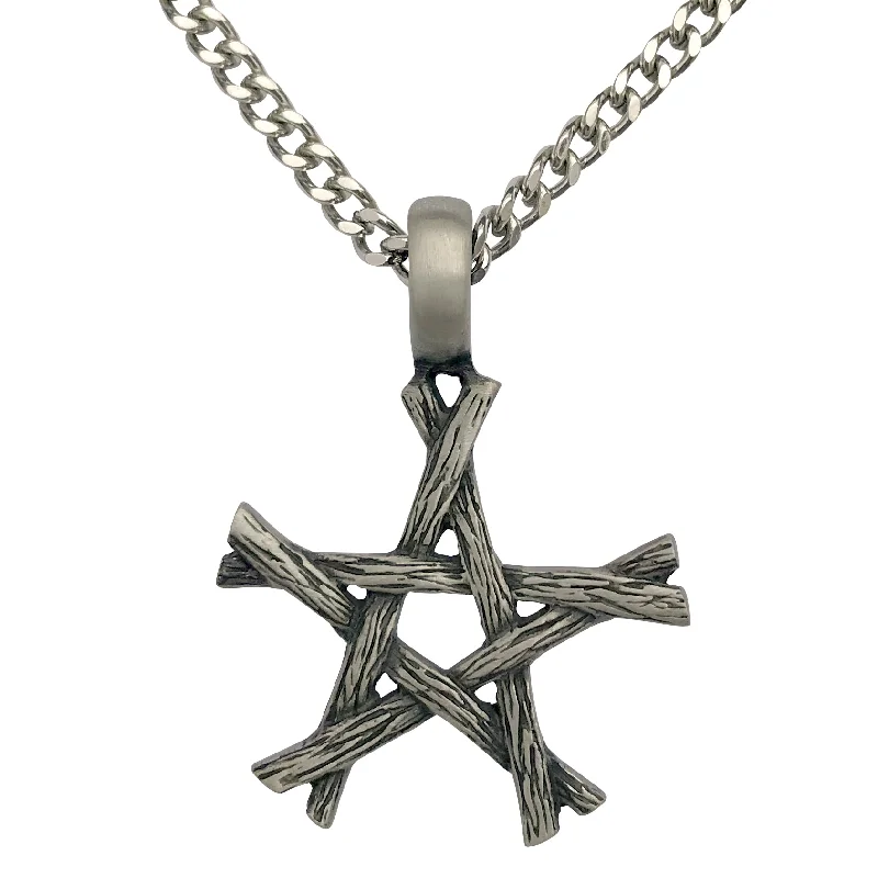 Pewter Wiccan Branch Pentagram Pendant with Extra Large Bail on Mens Heavy Curb Chain Necklace, 24"