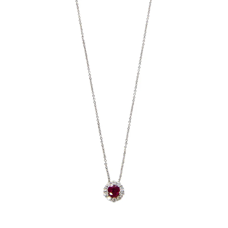 Ruby & Diamond Halo 18K White Gold Pendant Necklace