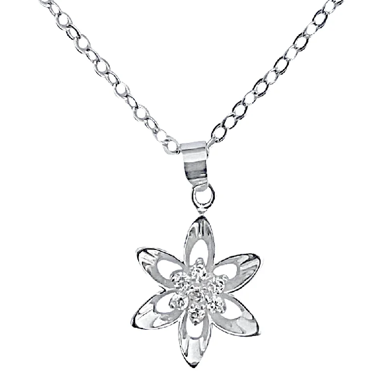 Sterling Silver Mini Cubic Zirconia Flower Pendant on Silver Cable Chain Necklace, 18" with Extender