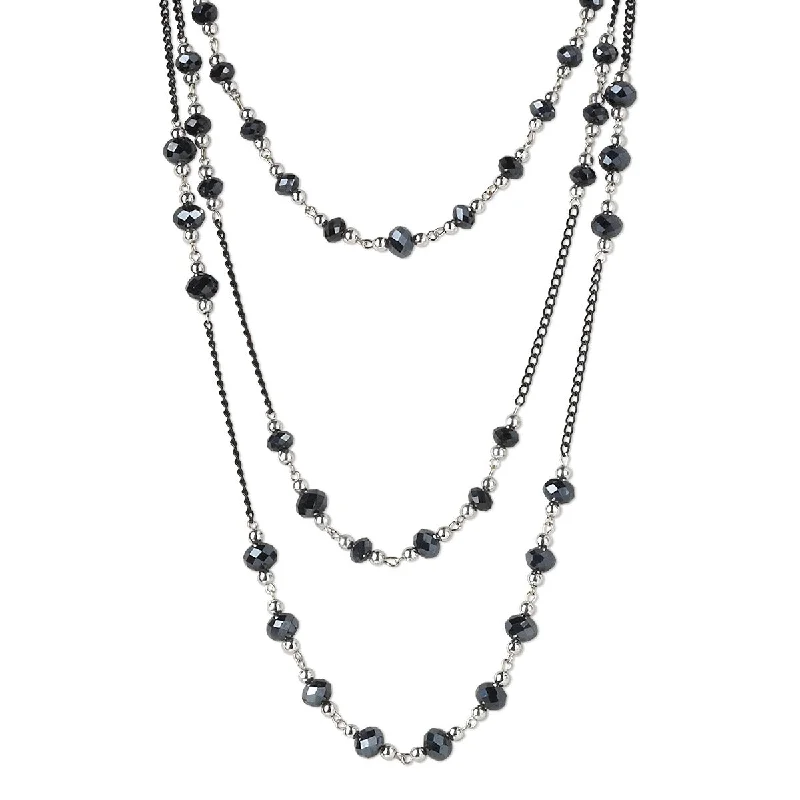 Triple Strand Black and Silver Beaded Black Chain Gothic Multistrand Necklace