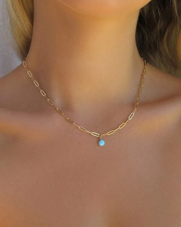 Turquoise Thick Drawn Cable Chain Necklace  - 14k Yellow Gold Fill