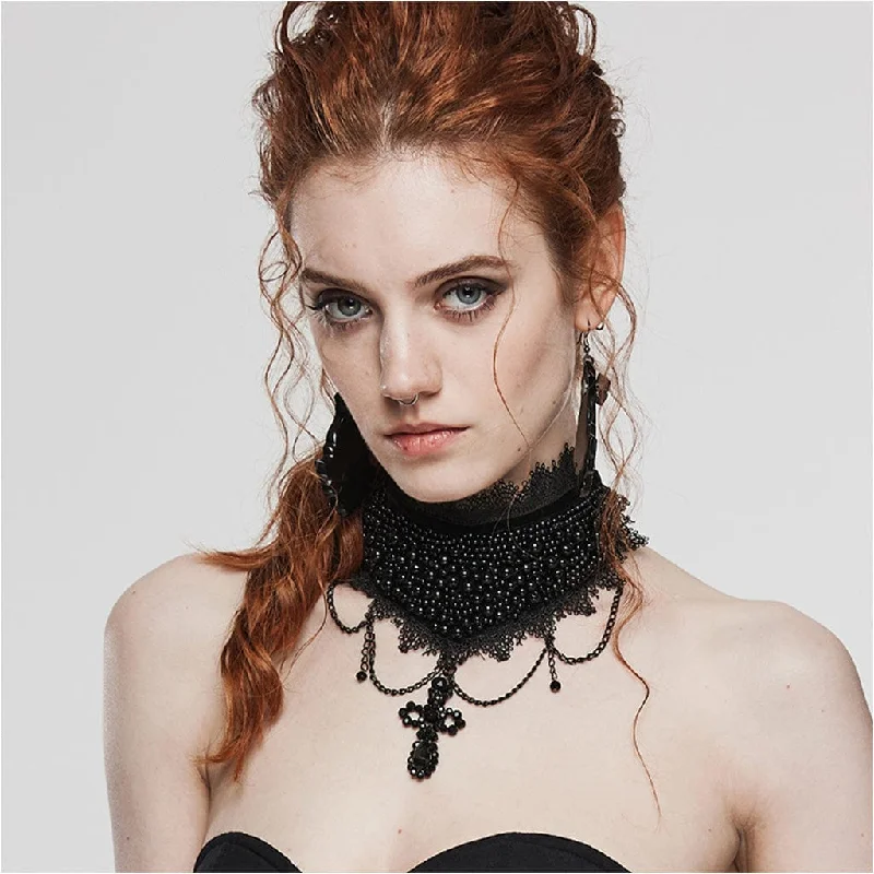 Women's Gothic Cross Beaded Lace Hem Choker